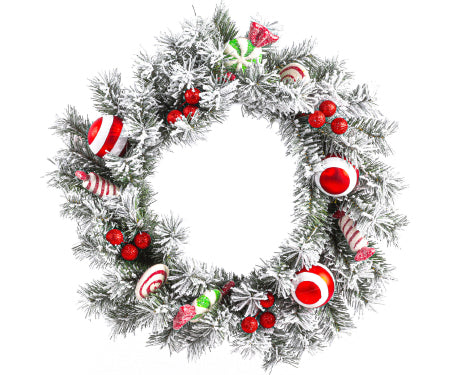 24" Wreath With Pinecones Red/White Ornaments
