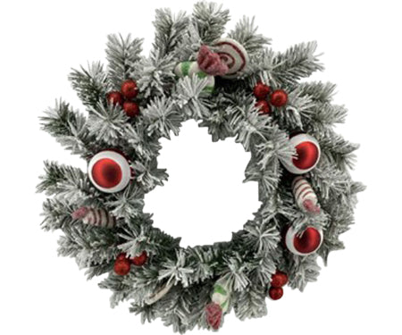 24" Wreath White/Green Boughs Berries, Red/White Ornaments