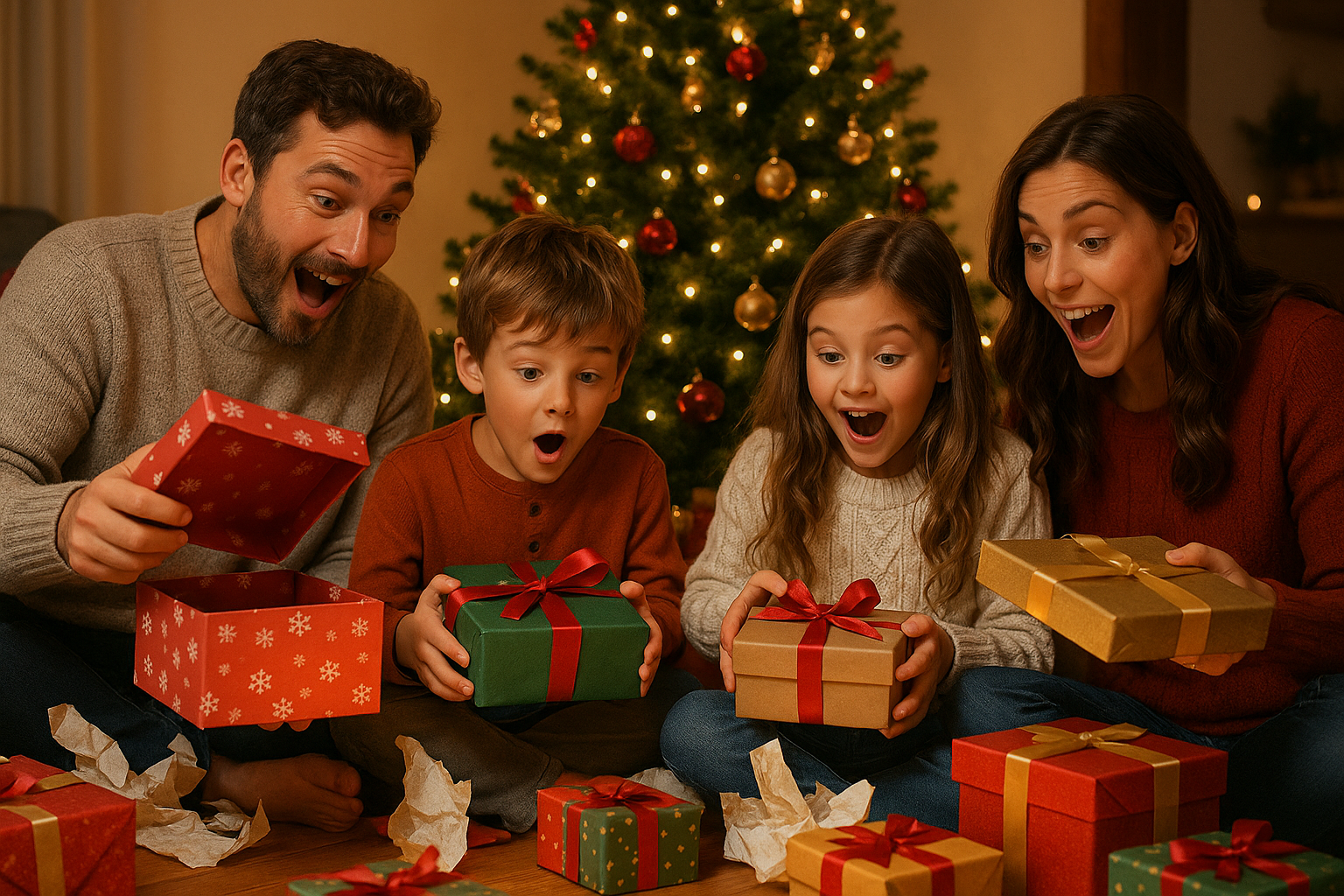 family unwrappying christmas presents looking surprised